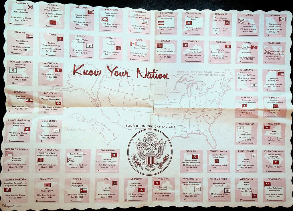 Know Your Nation Paper Placemat 1960s Fifty States USA