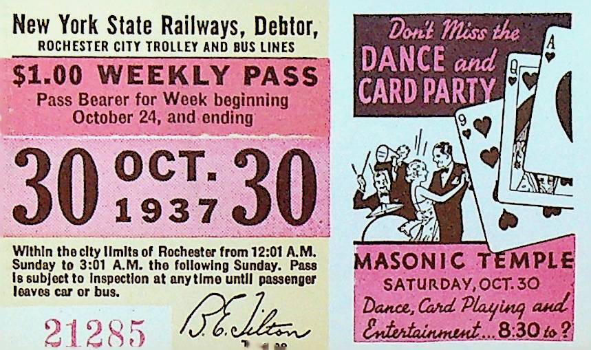 Rochester City Trolley & Bus Lines Pass October 30 1937 Masons Dance Party Cards