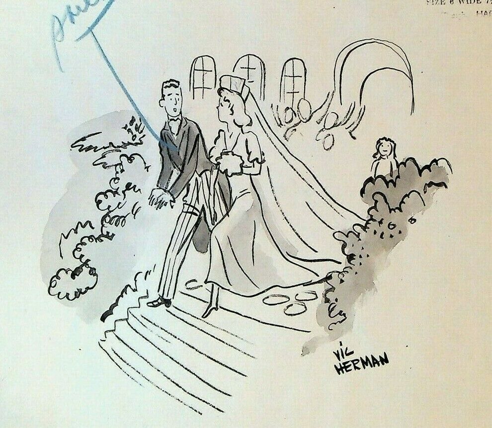 Vic Herman Original Art 1940s Bride Groom Marriage Handcuffs Leaving Church