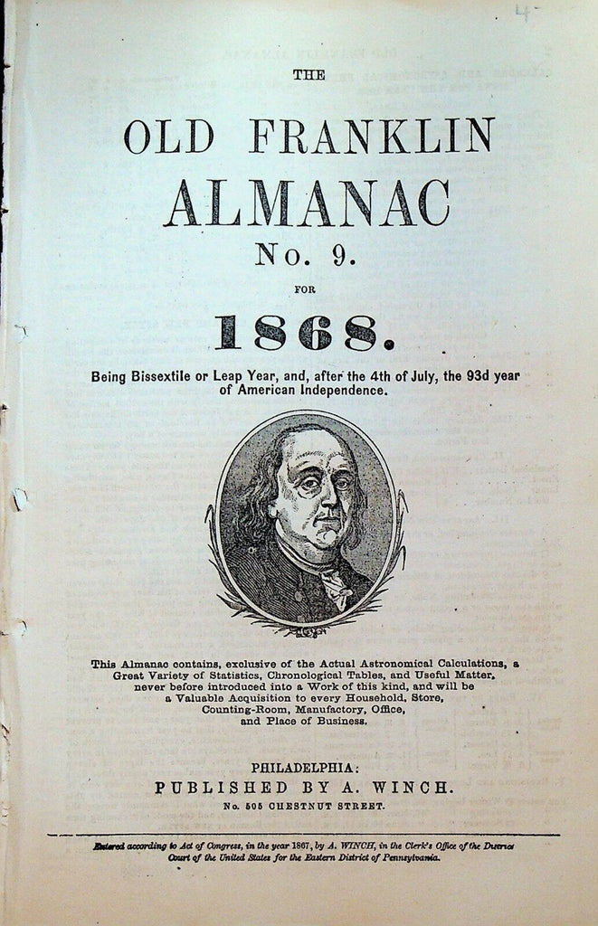 The Old Franklin Almanac #9 1868 A Winch