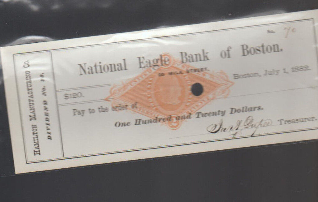 National Eagle Bank of Boston Mass Used Check 1882