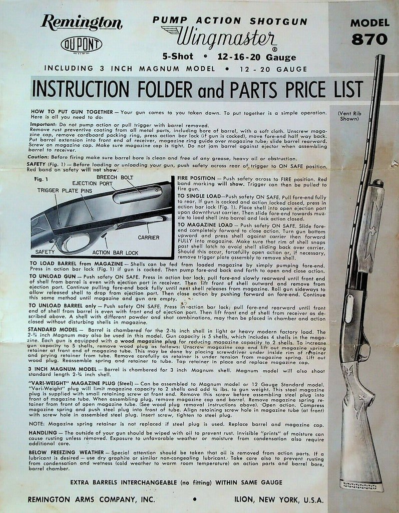 Remington Pump Action Shotgun Wingmaster Model 870 Instruction Folder 1960s
