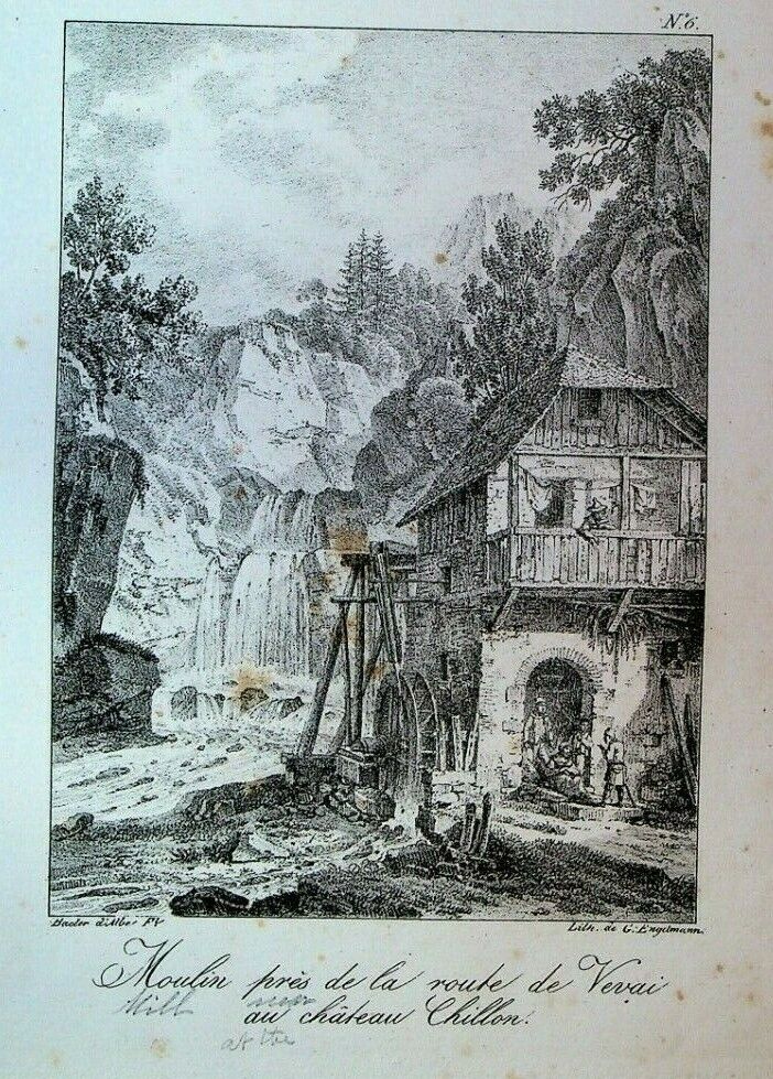 Godefroy Engelmann Lithograph 1820s Chillon Castle Chateau Mill #6