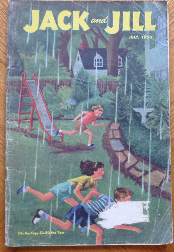 Jack and Jill Magazine Kids Running from Rain Cover Nancy Wotltemate July 1953