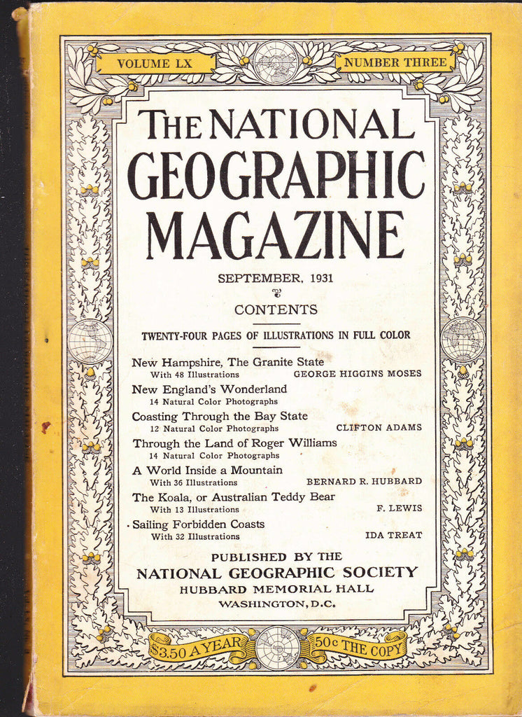 National Geographic September 1931 New Hampshire Koala Bear FREE US S/H