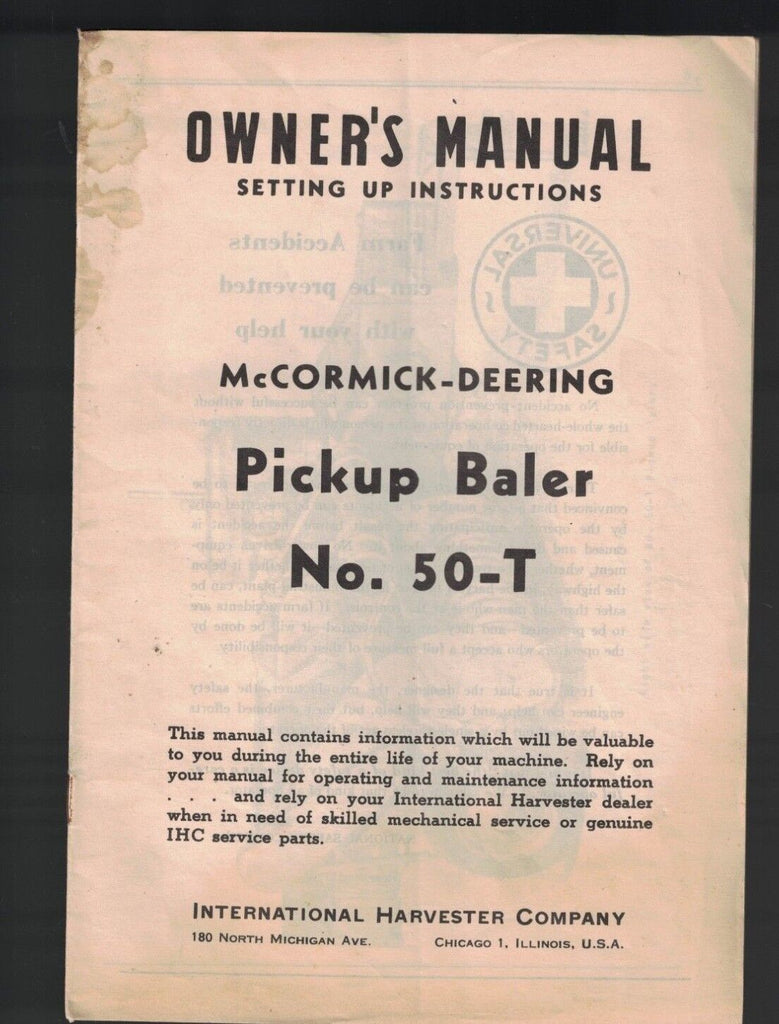 McCormick Deering Pickup Baler 50-T Owners Manual International Harvester