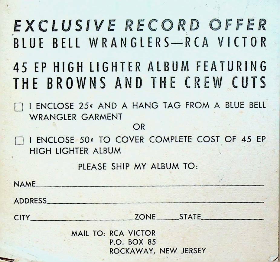 Blue Bell Wrangler Jeans RCA 1959 Record Order Form Pad The Browns & Crew Cuts