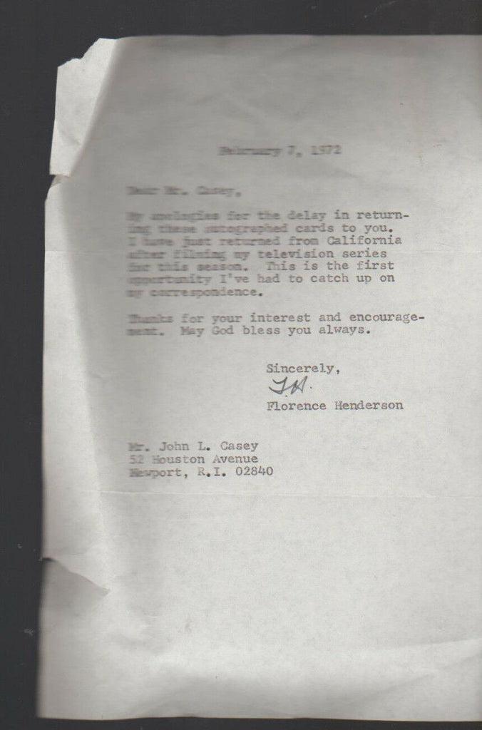Florence Henderson Letter to Fan 1972 Initialed