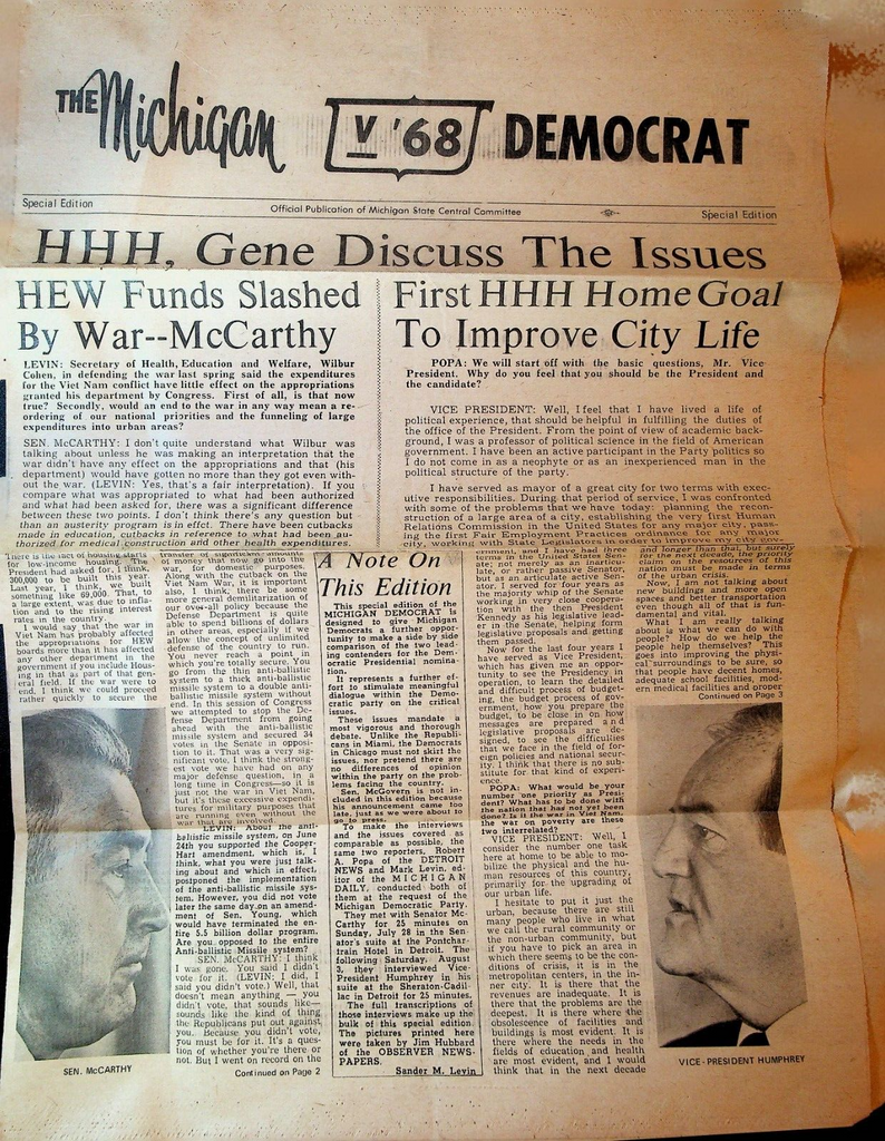 The Michigan Democrat 1968 Election Special Edition Humphrey McCarthy