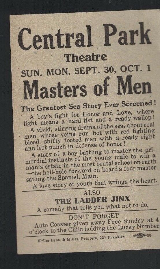 Masters of Men Ad Sheet 1923 Central Park Theatre The Ladder Jinx
