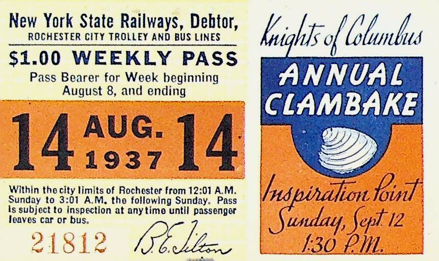 Rochester City Trolley & Bus Lines Pass August 14 1937 Knights of Columbus