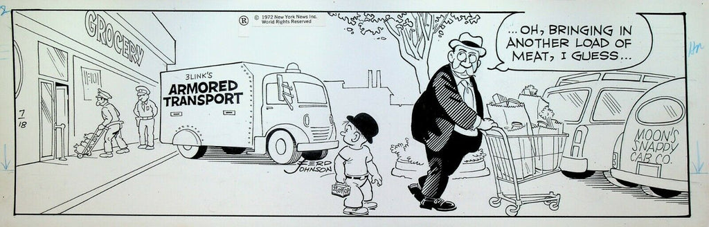 Moon Mullins Original Comic Strip Art Ferd Johnson July 18 1972 Armored Truck