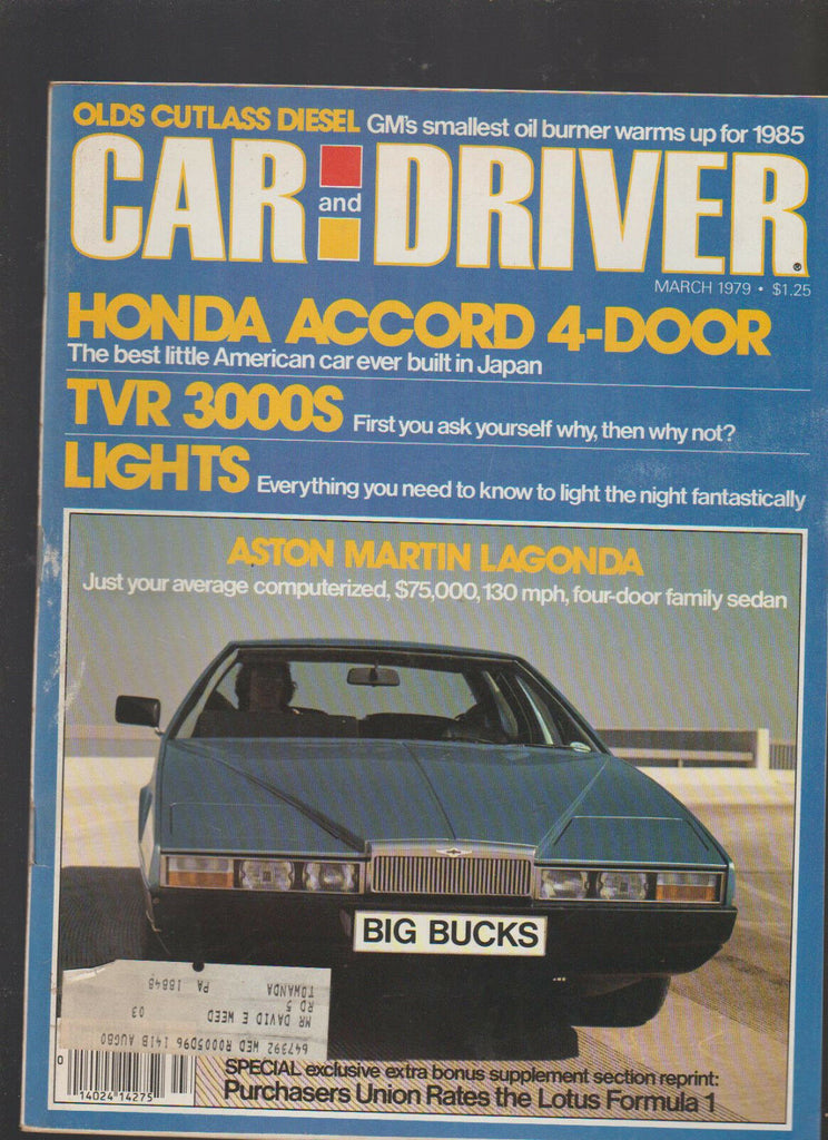 Car and Driver Magazine March 1979 Honda Accord Olds Cutlass Aston Martin