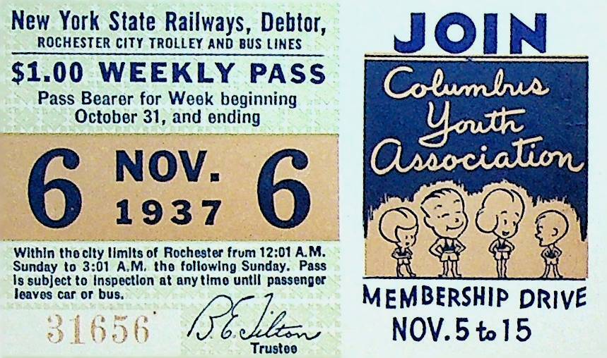 Rochester City Trolley & Bus Lines Pass November 6 1937 Columbus Youth