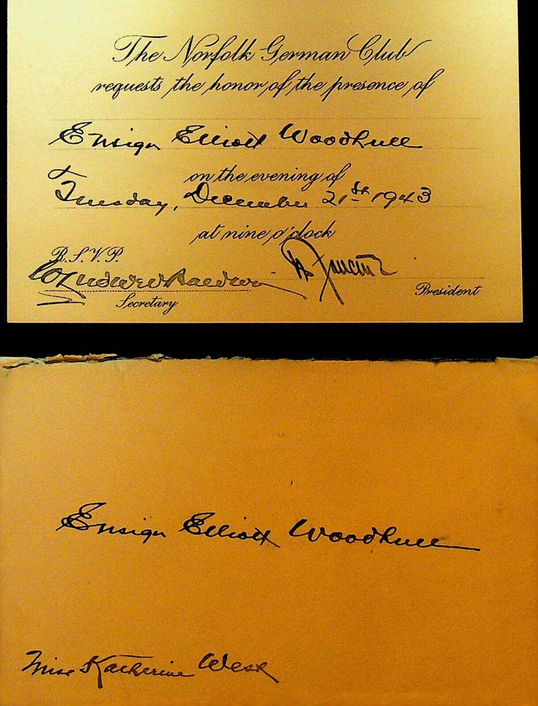 Norfolk Va German Club 1943 Invite Ensign Elliott Woodhull WWII