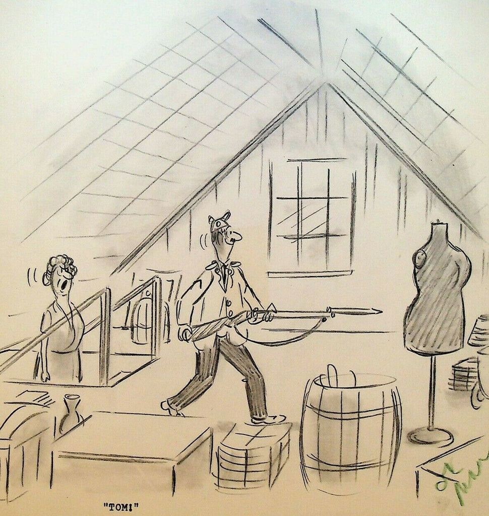Original Comic Art Gag Cartoon Man Bayonet Dress Form in Attic