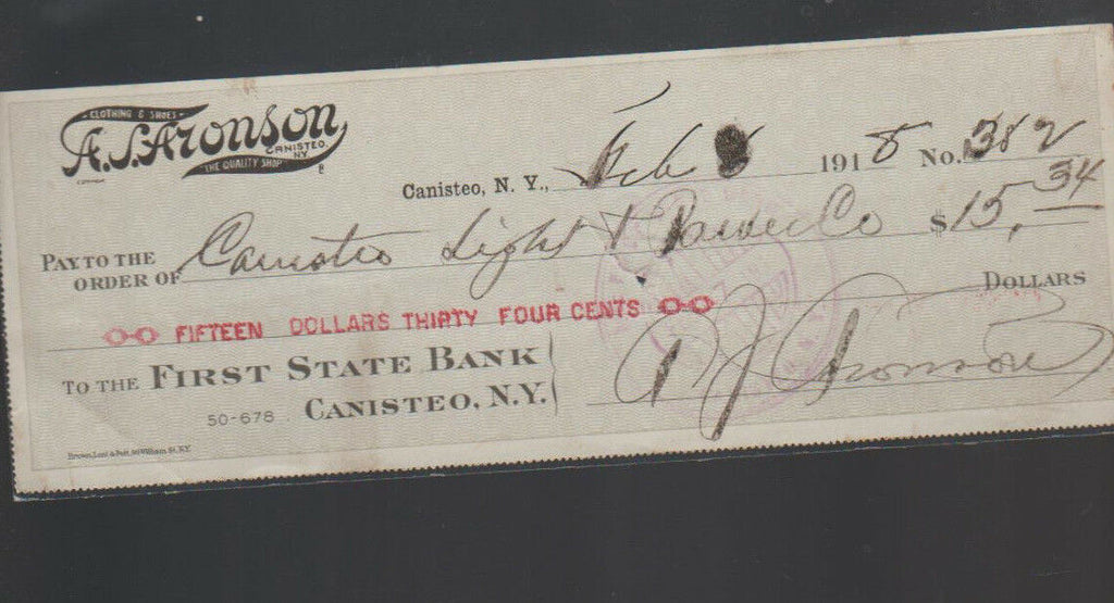 First State Bank of Canisteo NY Used Check 1918 AJ Aronson