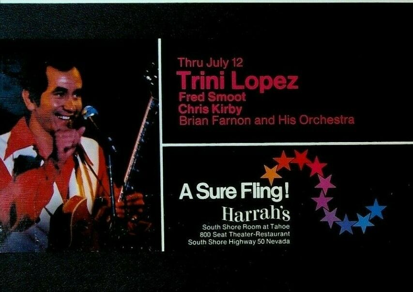 Trini Lopez Advertising Postcard Harrah's Reno 1970s Bernie Allen John Carleton