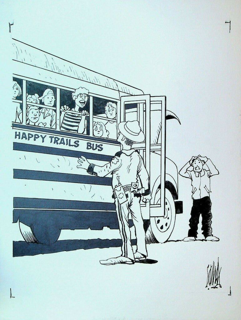 Don Lomax Original Art Gag School Bus Broken Down Side of Road Students