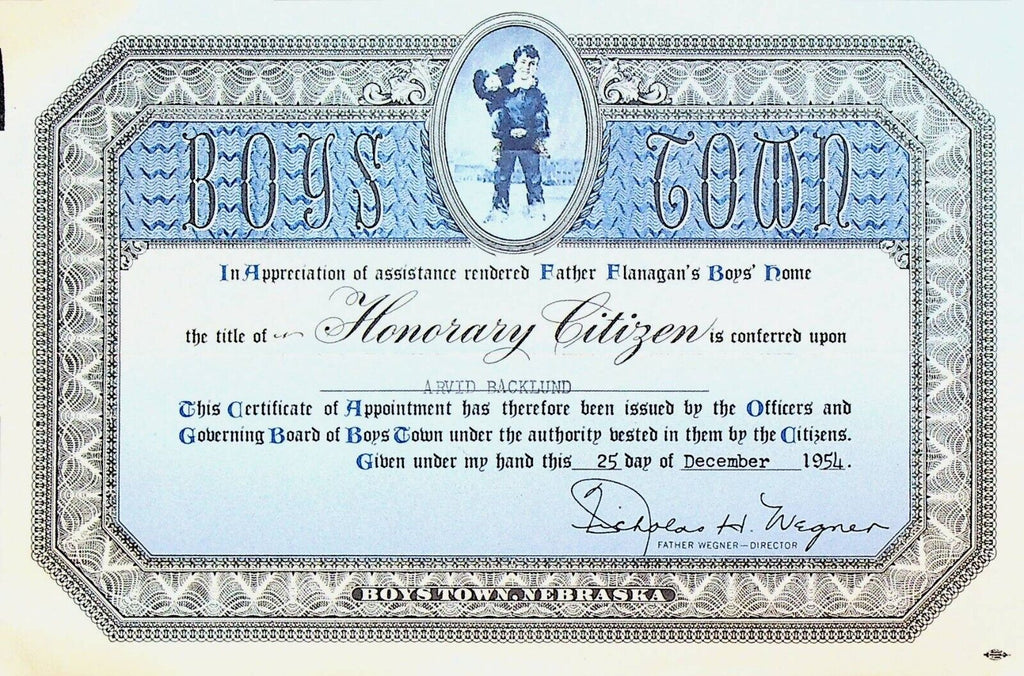 Boys Town Honorary Citizen Certificate 1954 Father Flanagan