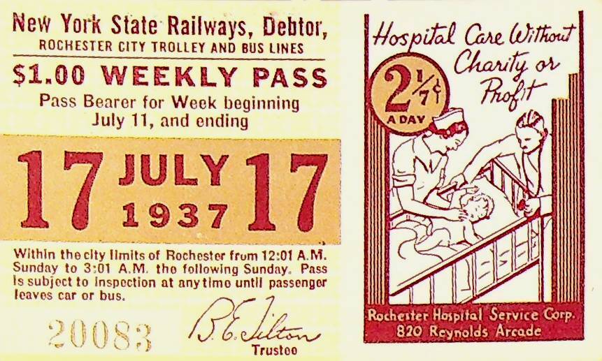 Rochester City Trolley & Bus Lines Pass July 17 1937 Rochester Hospital Service