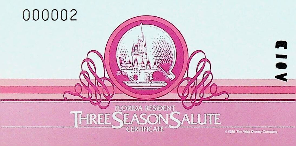 Walt Disney World Three Season Salute Ticket Pink Florida Resident 1987