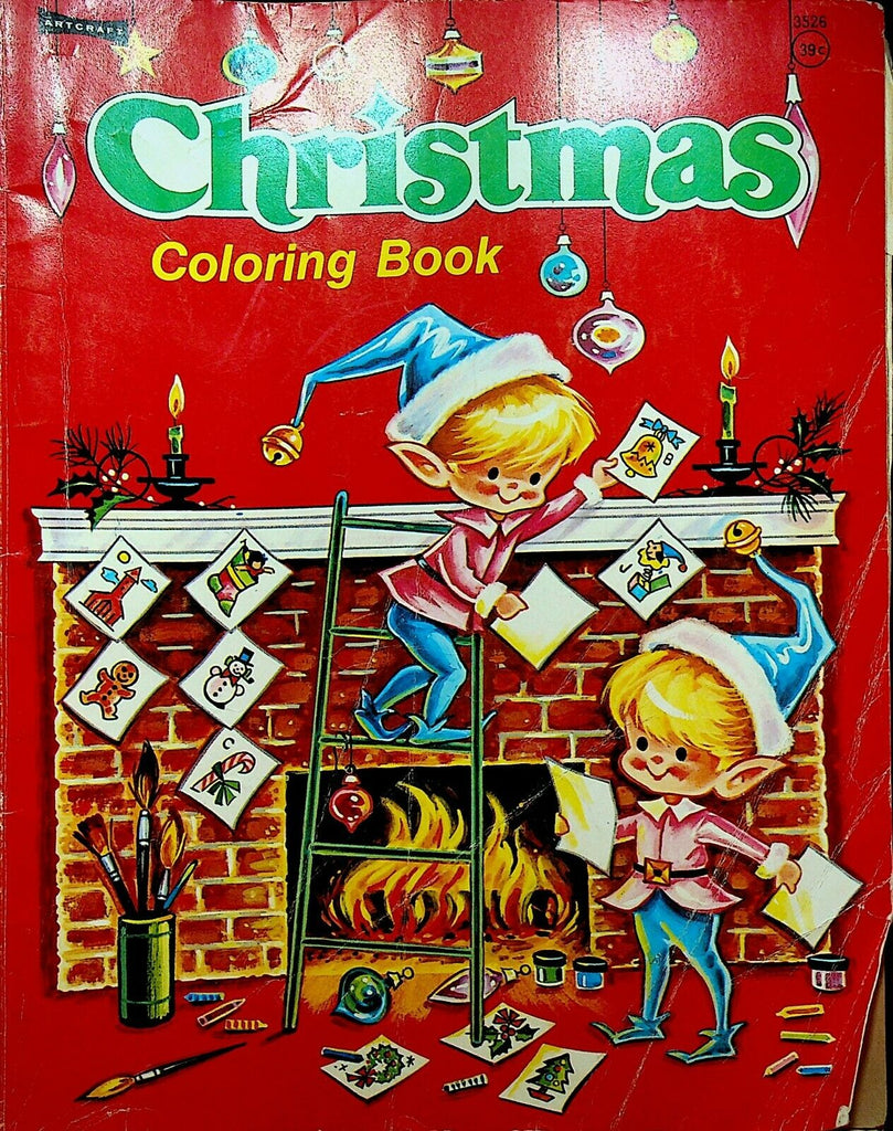 Christmas Coloring Book Artcraft #3526 Saalfield Elves Fireplace Ornaments