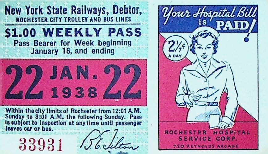 Rochester City Trolley & Bus Lines Pass January 22 1938 Hospital Service
