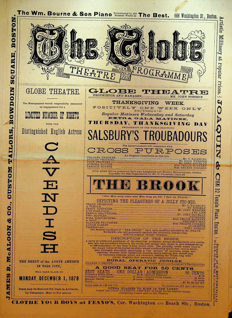 The Globe Theatre Program Boston November 1879 The Brook Cross Purposes