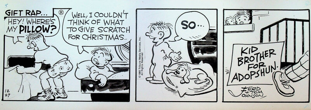 Moon Mullins Original Art Ferd & Tom Johnson December 27 1985 Christmas Dog Gift