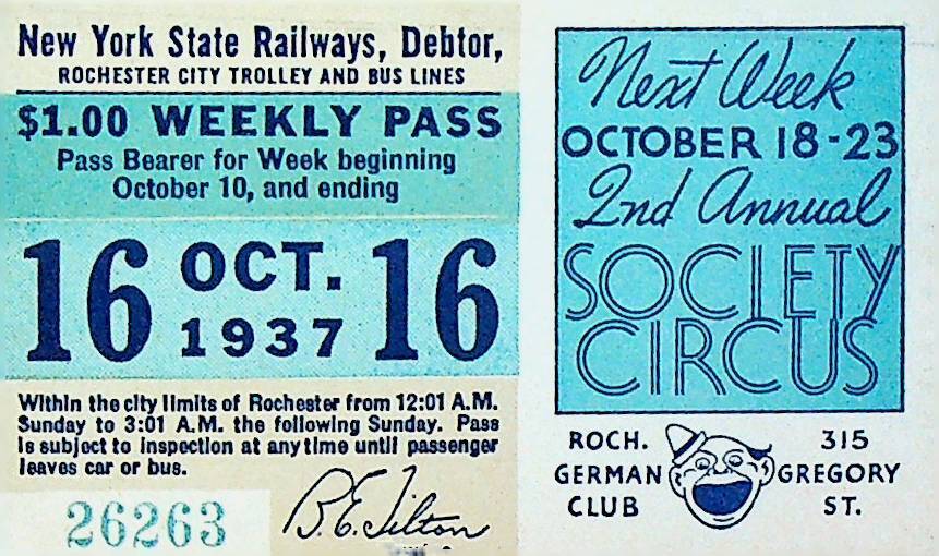 Rochester City Trolley & Bus Lines Pass October 16 1937 Society Circus