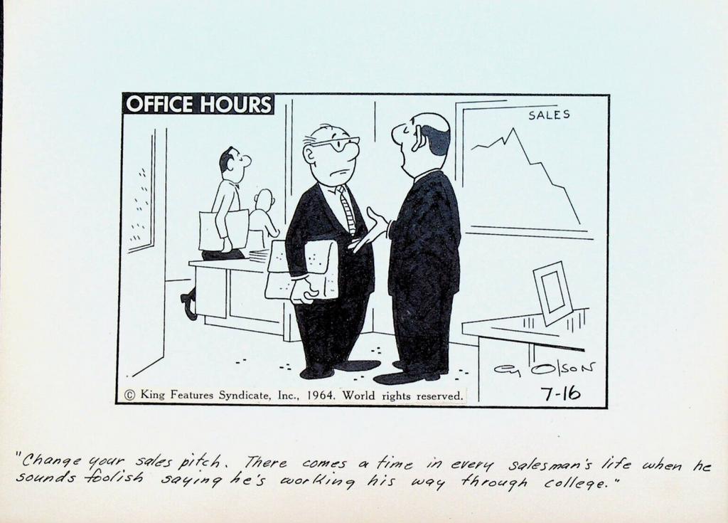 Office Hours by Cy Olson Original Comic Strip Art July 16 1964 Sales Pitch