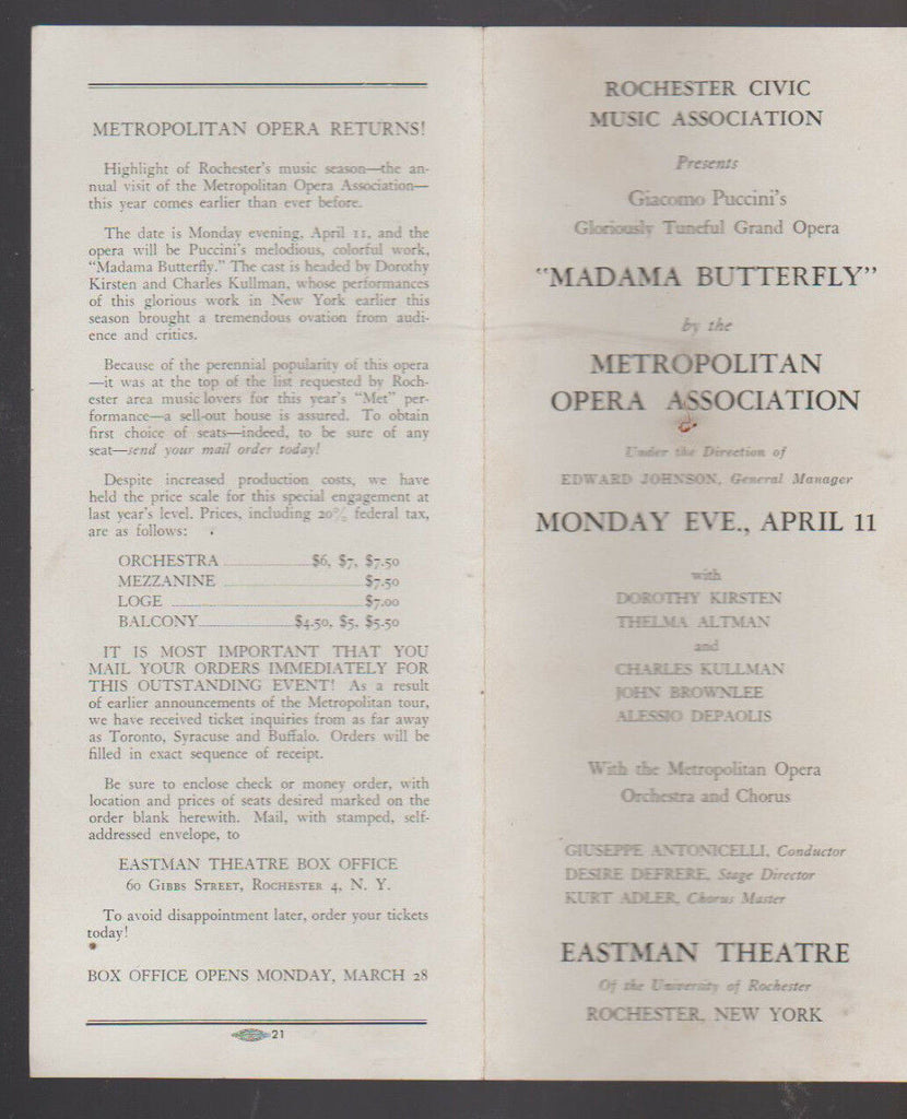 Madama Butterfly 1950s Eastman Theatre Rochester NY Program Opera