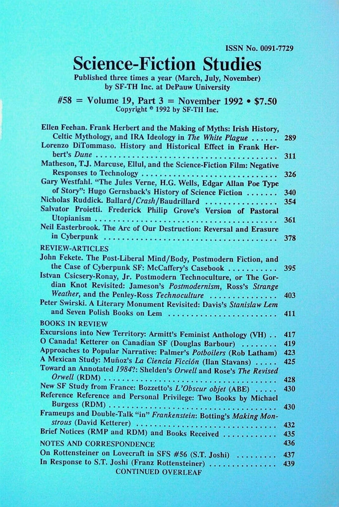 Science Fiction Studies 58 November 1992 Frank Herbert Dune Hugo Gernback