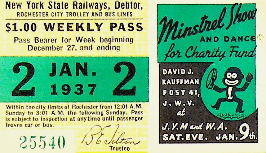 Rochester City Trolley & Bus Lines Pass January 2 1937 Minstrel Show