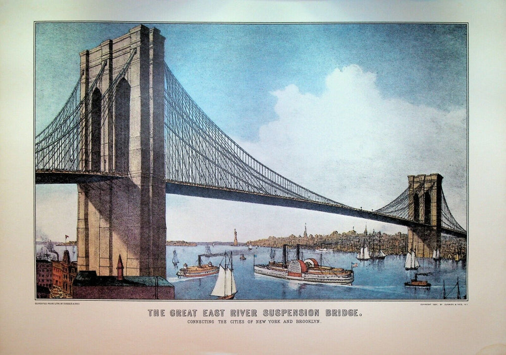Currier & Ives Calendar Topper 1970 Great East River Suspension Brooklyn Bridge