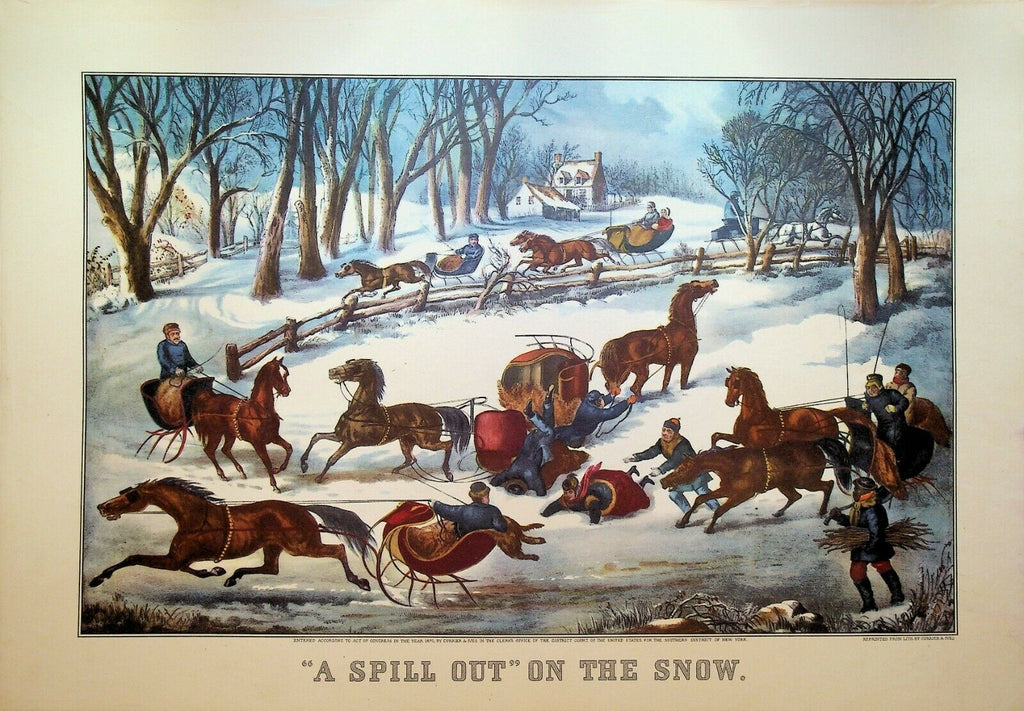 Currier & Ives Calendar Topper 1952 A Spill Out on the Snow Horse Sleigh