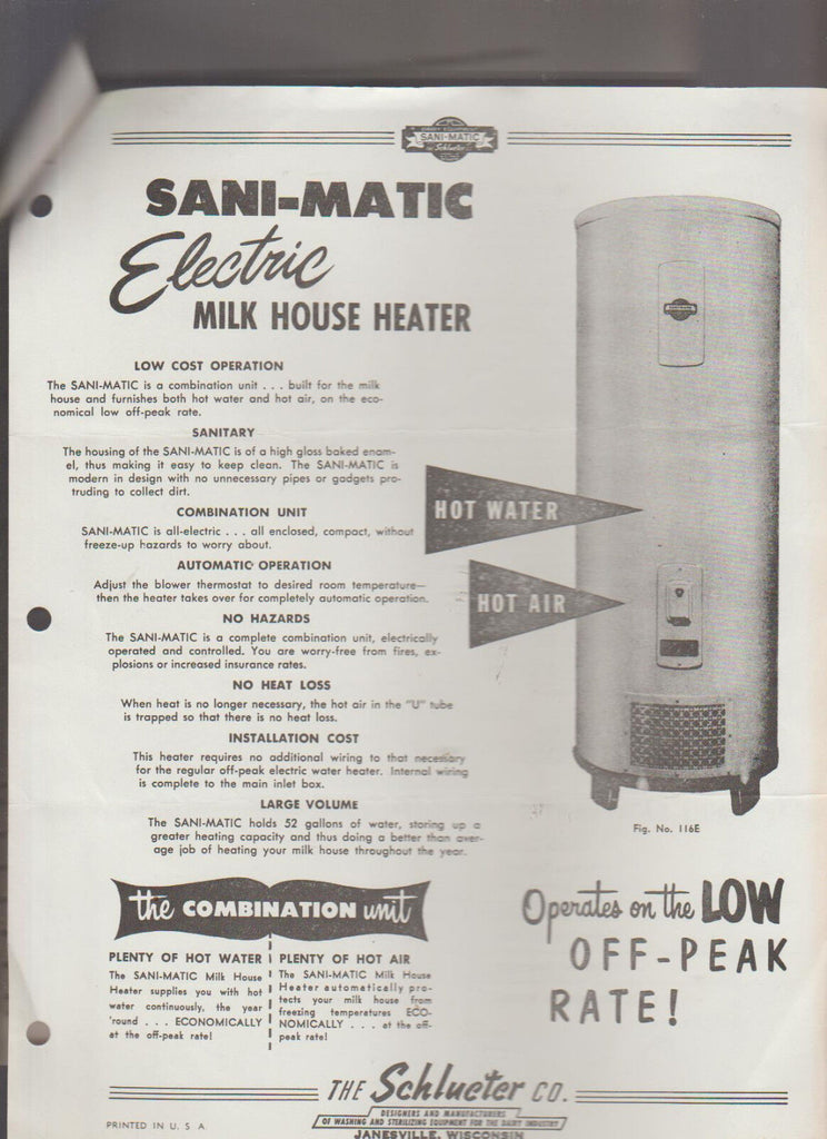 Sani-Matic Electric Milk House Heater 1960 Ad Brochure Schlueter Janesville Wi