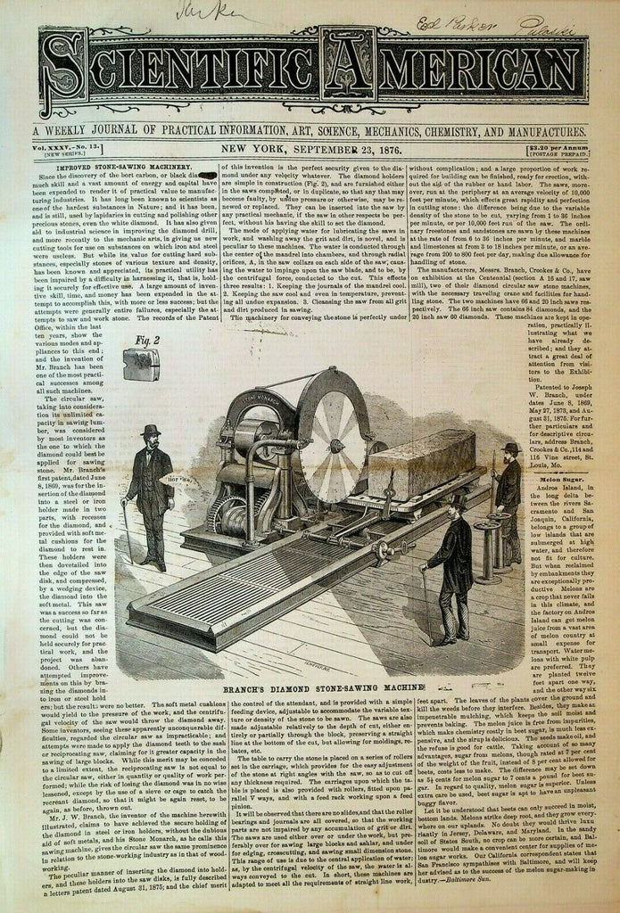 Scientific American September 23 1876 Felida X Etienne Azam Stone Sawing Machine