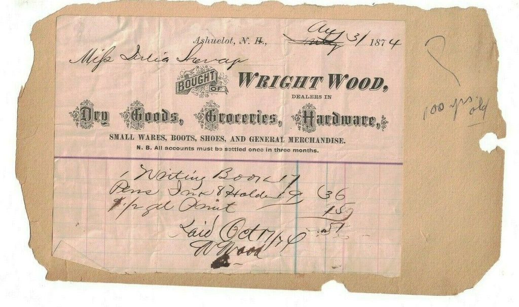 Wright Wood Ashuelot NH 1874 Billhead Dry Goods Groceries Hardware