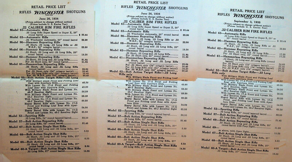 Winchester Guns Rifles Retail Price List Lot of 3 1930s