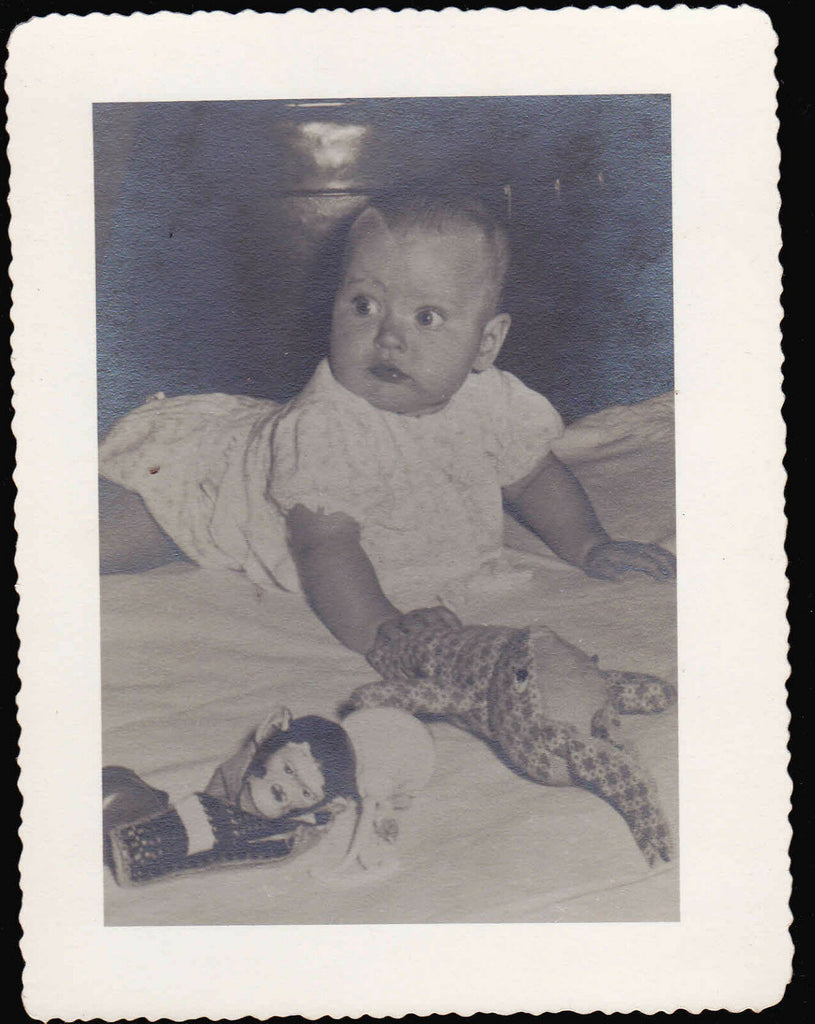 Cute Baby with Stuffed Toys Monkey Rabbit 4 1/4 x 5 1/2 b/w Photo Picture