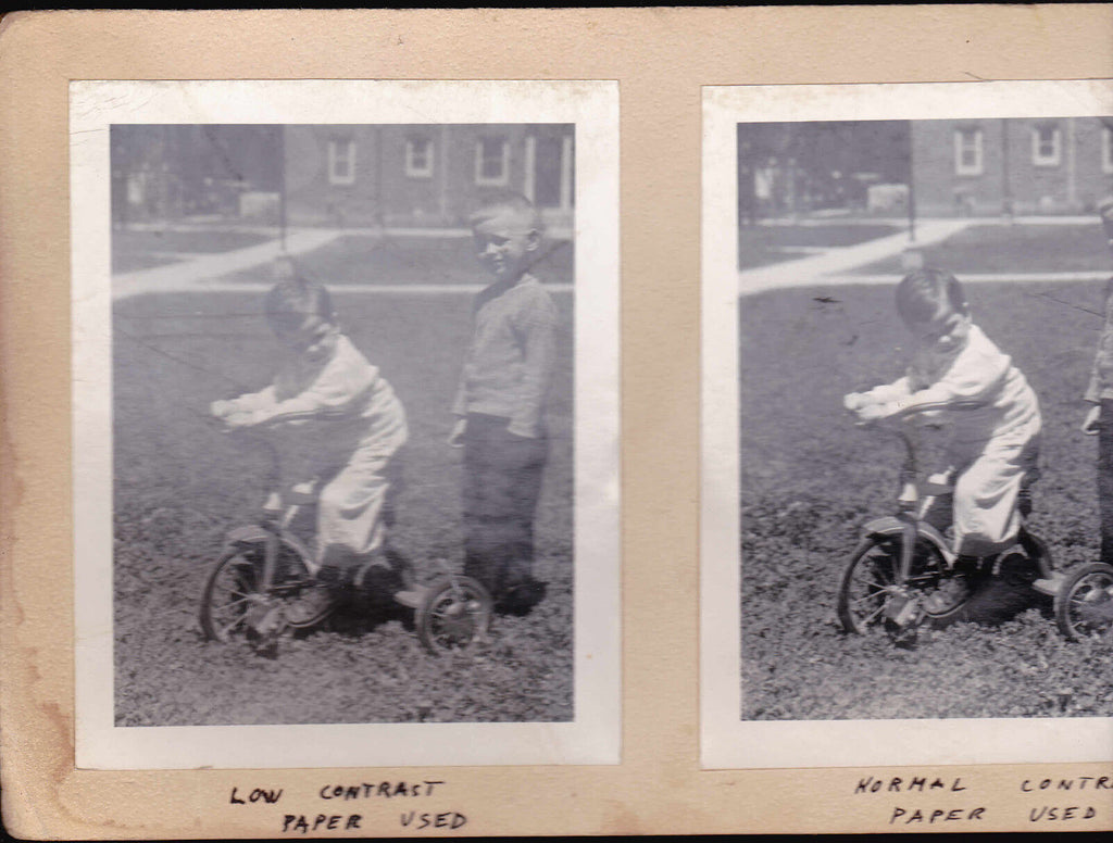 Little Boy on Tricycle as Brother Looks on- 3 black & white photos