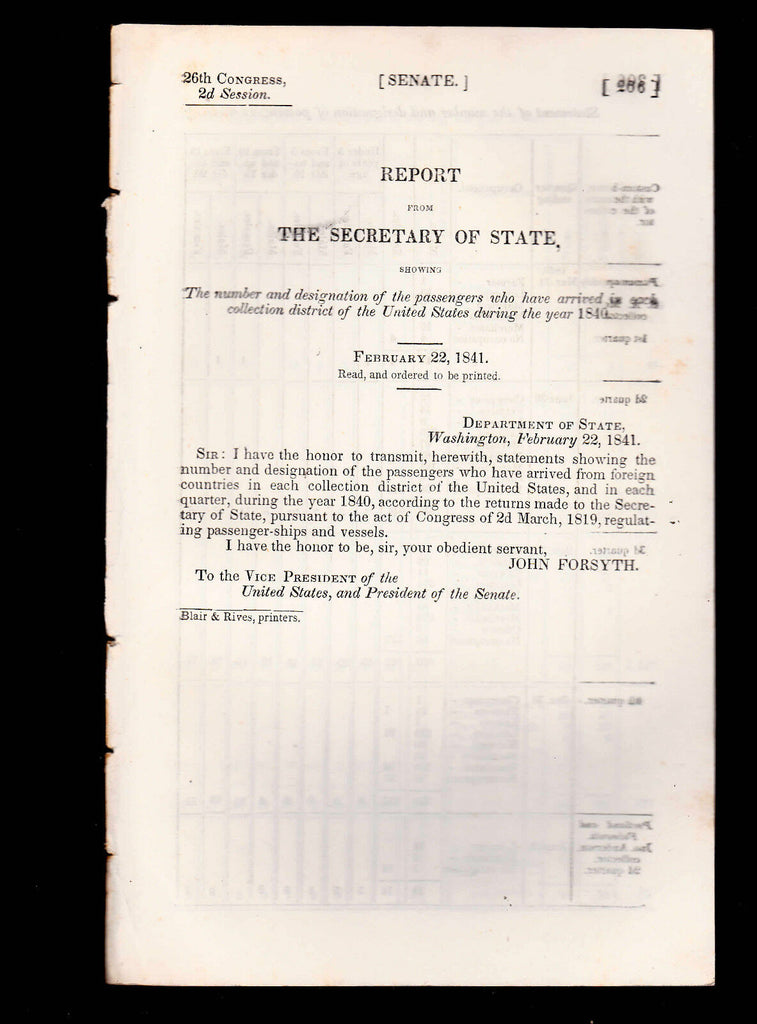 Statement of the Number of Passengers Arriving in the United States during 1840