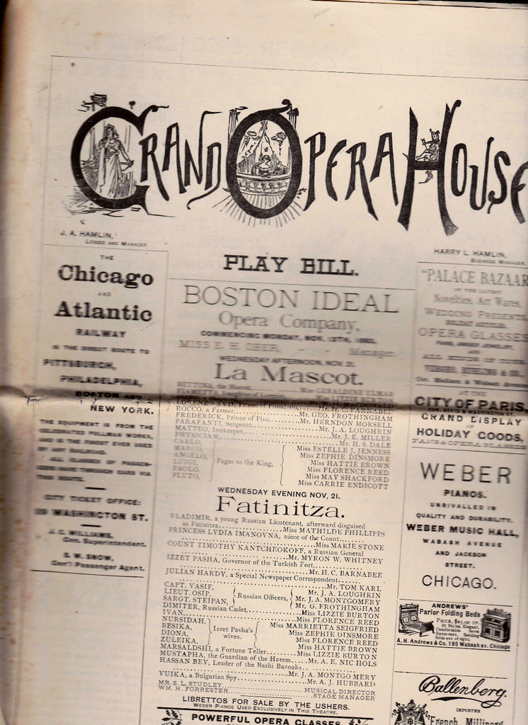 Grand Opera House Play Bill November 12 1883 La Mascot & Fatinitza