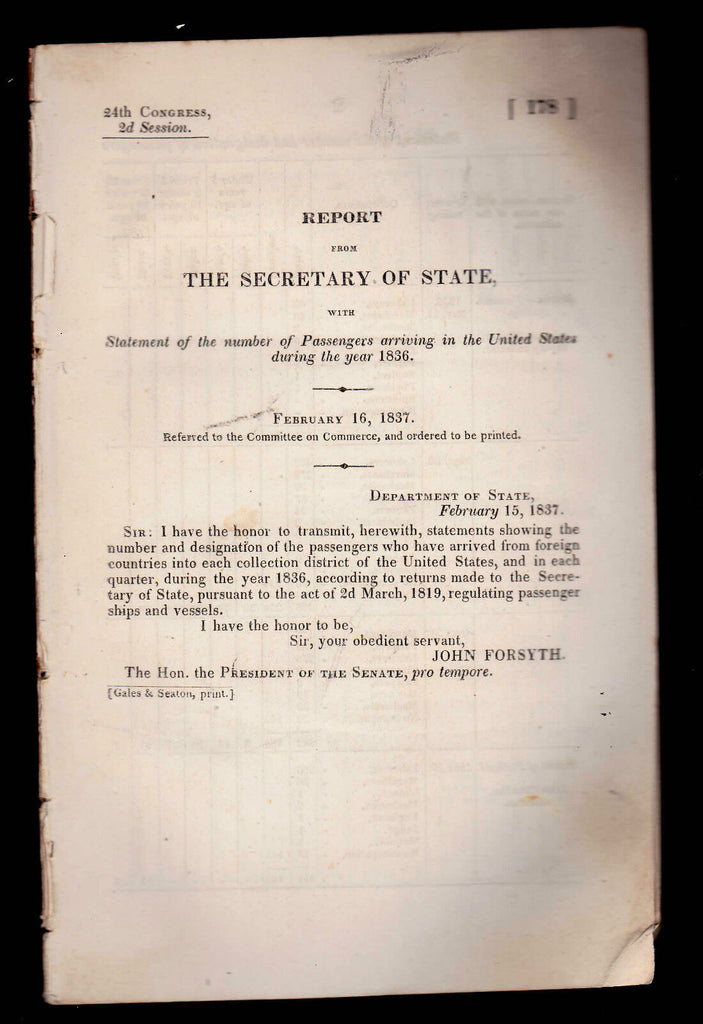 Statement of the Number of Passengers Arriving in the United States during 1836
