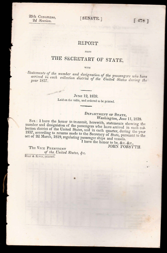 Statement of the Number of Passengers Arriving in the United States during 1837