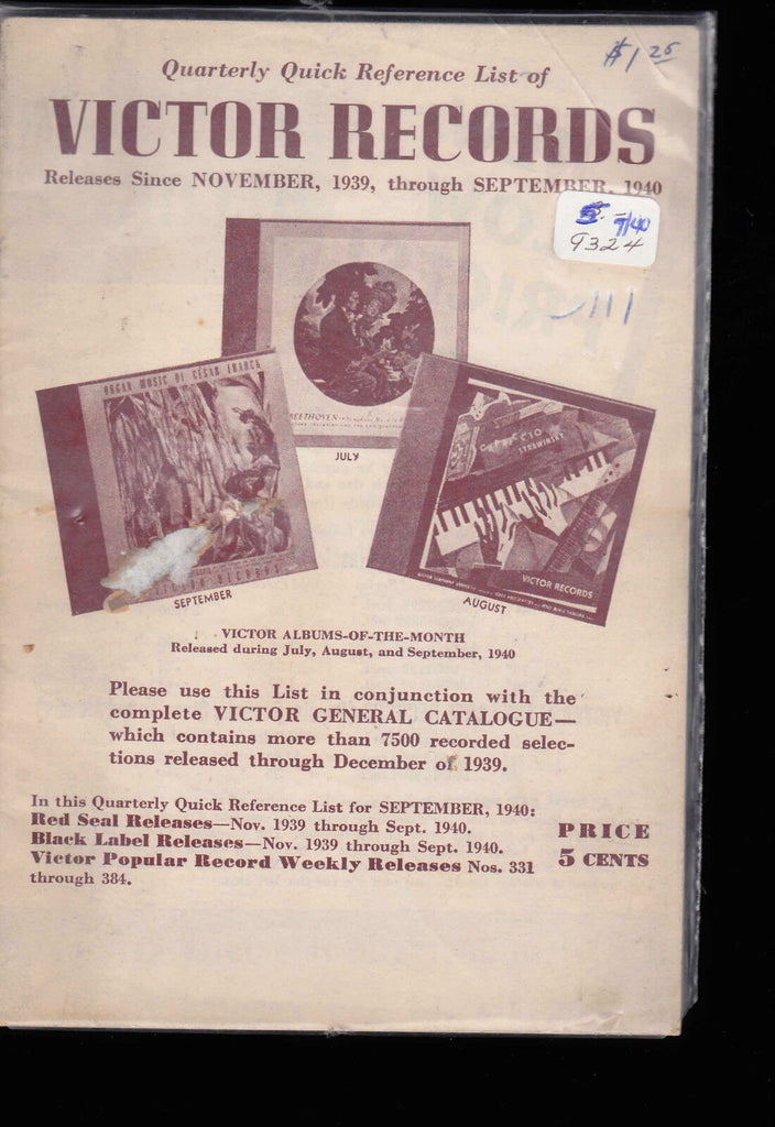 Quarterly Quick Reference List of Victor Records November 1939 to September 1940