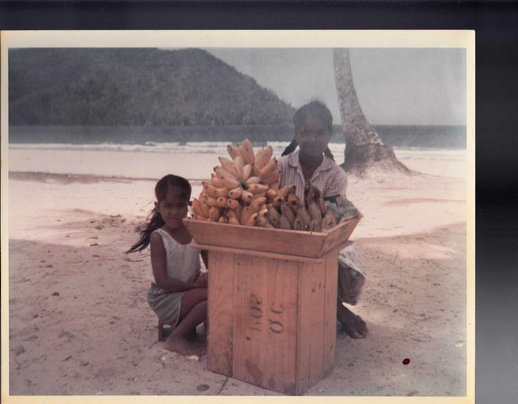 Two Little Girls on Beach With Bananas 8x10 Color Photograph Fruit Selling