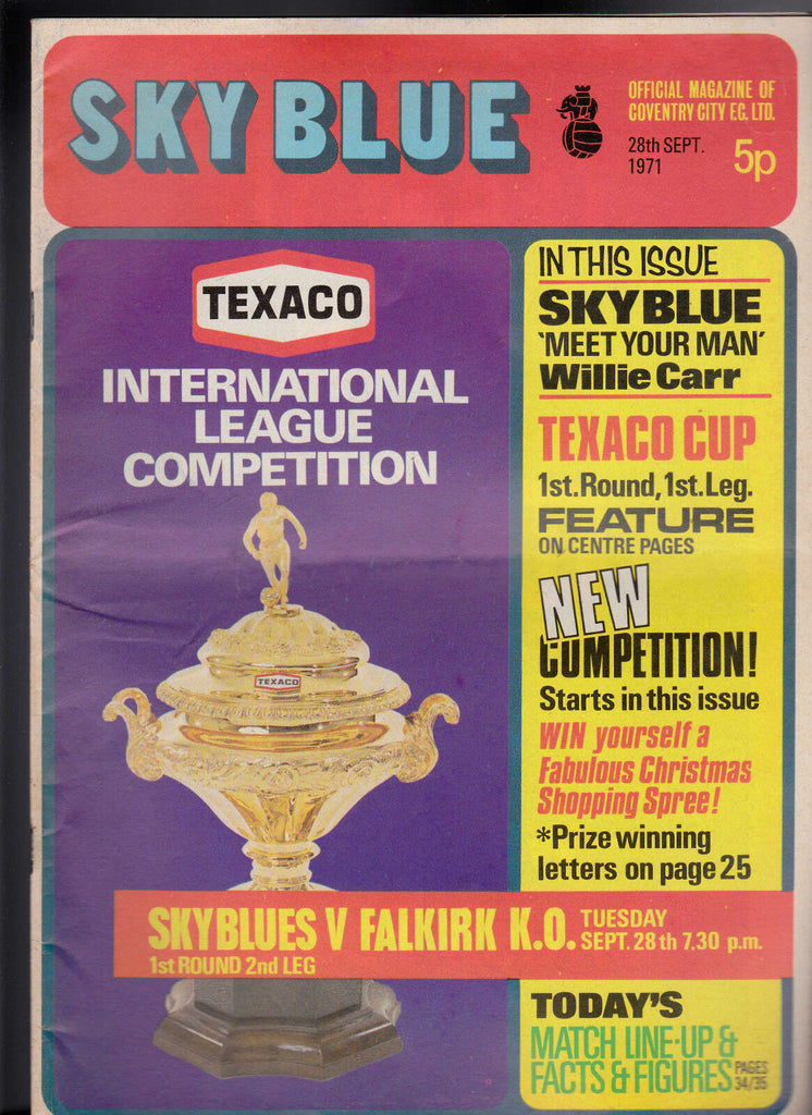 Coventry City Football Club Sky Blue v Falkirk September 28 1971 Texaco Cup